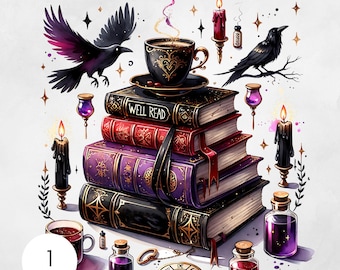 Well Read and Caffeinated PNG Bookish Design for Coffee Lovers Sublimation Gift for Readers Digital Download Gothic Book Stack Graphic File