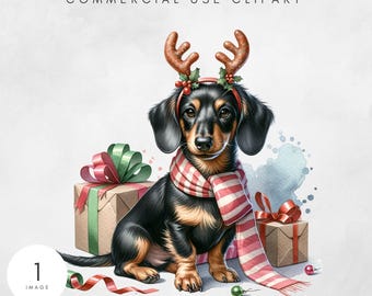 May include: A watercolor illustration of a dachshund wearing reindeer antlers and a red and white striped scarf. The dog sits in front of wrapped gifts with red and green bows. The image includes the text "COMMERCIAL USE CLIPART".