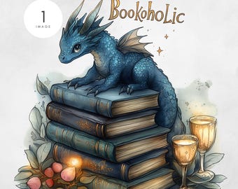 May include: A blue dragon sits atop a stack of antique books with gold accents. The image includes the text "Bookoholic" and "Commercial Use Clipart". Two glasses of a golden liquid and foliage complete the illustration.