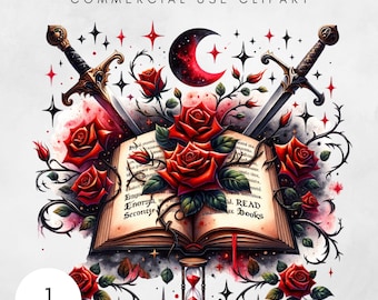 May include: A digital illustration of an open book with a red hourglass, two swords crossed over the book, and red roses with thorns and vines. The book has the text "Read Books" on the cover. The background is white with red and black stars.