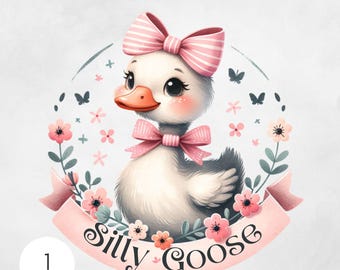 Silly Goose PNG Cute Watercolor Clipart for Birthday Party Baby Shower Digital Download Fun Goose Art Pink Coquette Bow Floral Baby Goose
