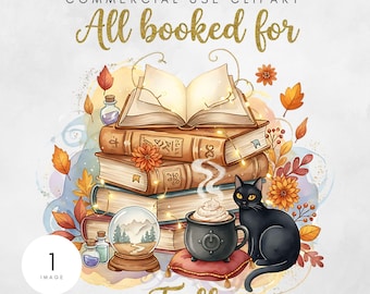 All Booked for Fall PNG, Cute Book Lover Fall Shirt Digital Design, Autumn Reading Cozy Bookish Sublimation Black Cat Spooky Vibes Download