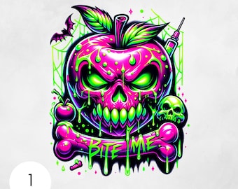 Poison Apple PNG, Neon Bite Me Digital Graphic, Halloween Sublimation Image File Spooky Sublimation PNG Digital Download for Tshirt Tote Bag