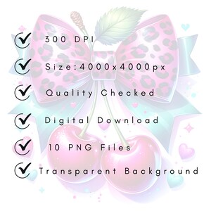 Puede incluir: Gr&aacute;fico de descarga digital con un lazo rosa con dise&ntilde;o de estampado de leopardo, dos cerezas y texto. El texto incluye "300 DPI", "Tama&ntilde;o: 4000 x 4000 px", "Calidad comprobada", "Descarga digital", "10 archivos PNG" y "Fondo transparente".