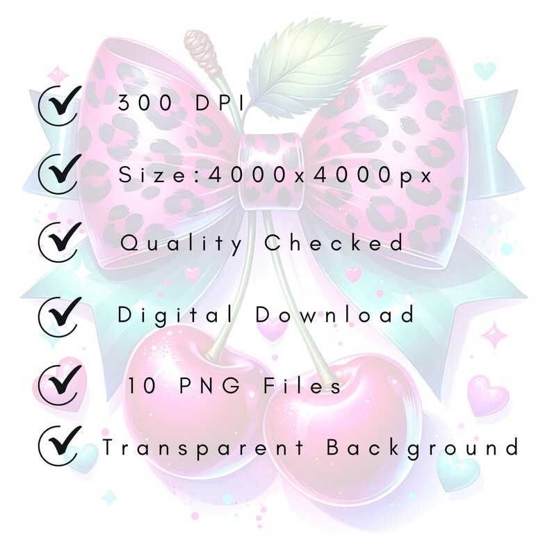 Puede incluir: Gr&aacute;fico de descarga digital con un lazo rosa con dise&ntilde;o de estampado de leopardo, dos cerezas y texto. El texto incluye "300 DPI", "Tama&ntilde;o: 4000 x 4000 px", "Calidad comprobada", "Descarga digital", "10 archivos PNG" y "Fondo transparente".