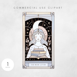 May include: A stained-glass style illustration featuring a serene figure holding books. The design includes a crescent moon, stars, and the text "THE BOOK LOVER." The image is framed with floral accents and the text "COMMERCIAL USE CLIPART."
