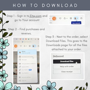 Puede incluir: Una gu&iacute;a paso a paso sobre c&oacute;mo descargar archivos digitales de Etsy.com. La imagen muestra una captura de pantalla del sitio web de Etsy con instrucciones sobre c&oacute;mo acceder a la p&aacute;gina de Descargas y descargar archivos.
