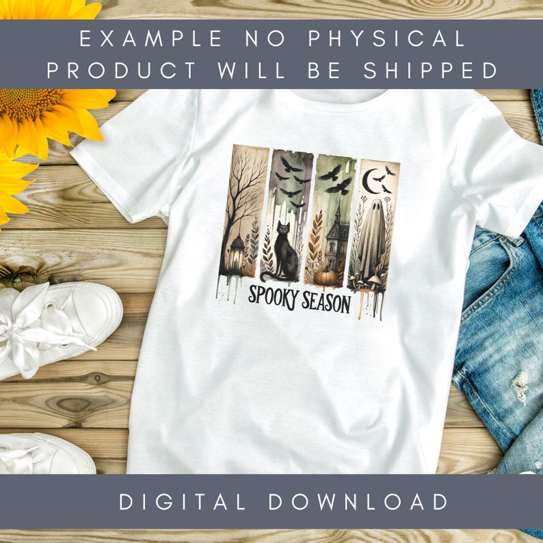 May include: White t-shirt featuring a watercolor design with a spooky theme. The design includes a black cat, bats, a haunted house, and a ghost, with the words "Spooky Season" below. The shirt is a digital download.