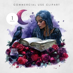 Jolies filles lisent des livres PNG mignon art numérique corbeau gothique Illustration imprimable pour les amateurs de livres Dark Fantasy livre pile fichier graphique