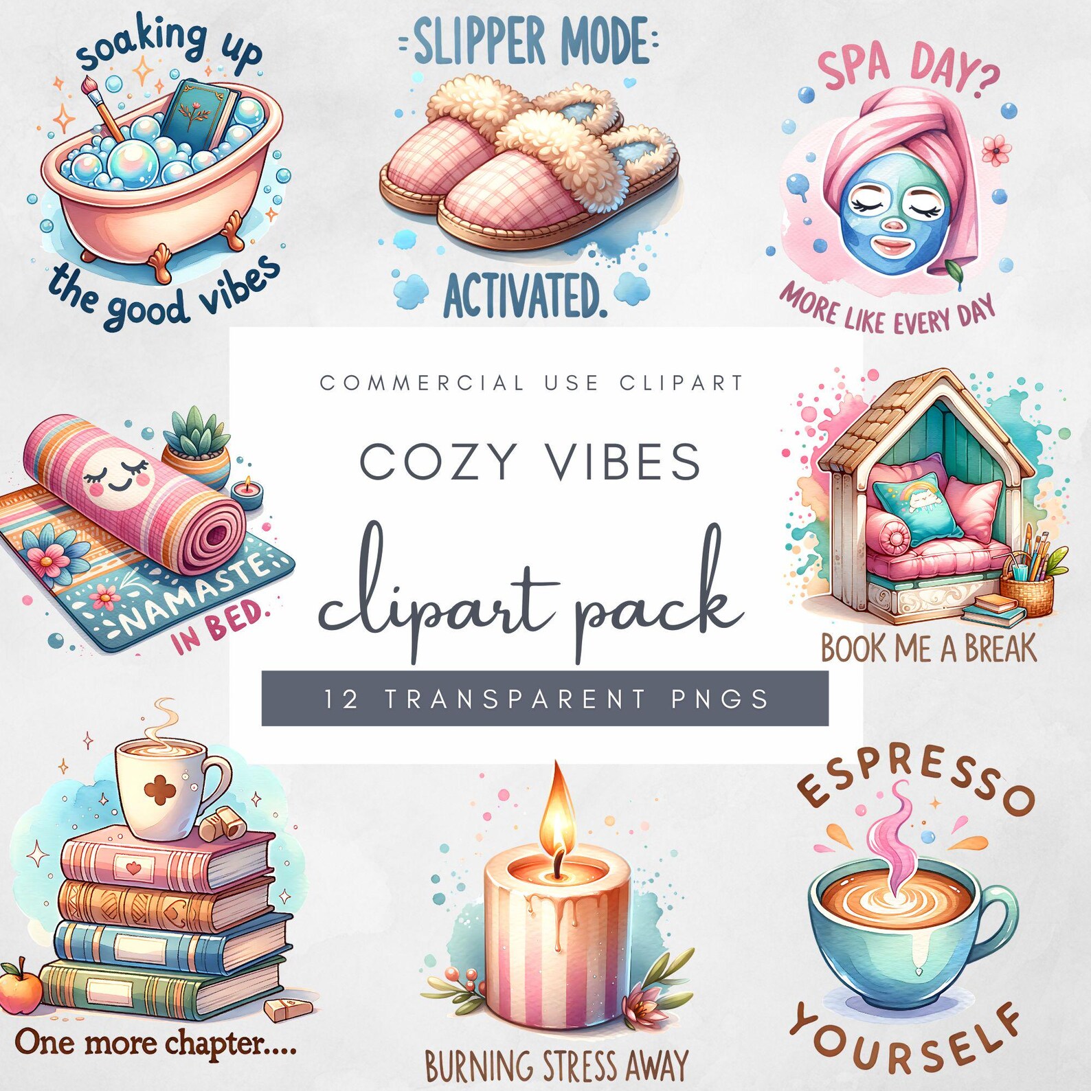 Watercolor Cozy Self Care Clipart Set, Spa Digital Stickers for ...