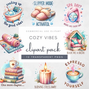 Watercolor Cozy Self Care Clipart Set, Spa Digital Stickers for Relaxation, Selfcare Affirmation PNG Files, Planner Graphics, Soft Aesthetic