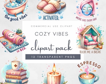 Conjunto de imágenes prediseñadas de cuidado personal acogedor en acuarela, pegatinas digitales de spa para relajarse, archivos PNG de afirmación de cuidado personal, gráficos de planificador, estética suave