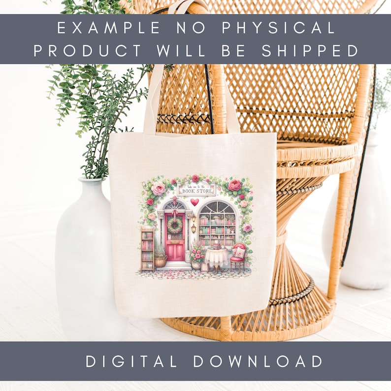 May include: A digital download of a tote bag design featuring a whimsical illustration of a book store with a red door, flowers, and the text "Welcome to the Book Store".