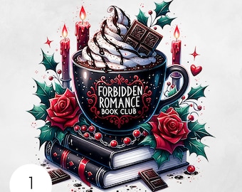 May include: A black mug with white whipped cream and chocolate drizzle, filled with hot chocolate. The mug has the text "Forbidden Romance Book Club" on it. The mug is surrounded by red roses, holly, and candles. There are two books stacked on top of each other, with a red ribbon around the top book.