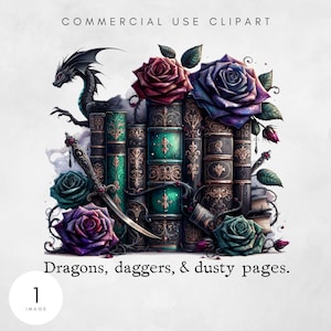 May include: Illustration of a stack of antique books with a black dragon, roses, and a dagger. The books are in shades of green, black, and gold. The text at the bottom reads "Dragons, daggers, & dusty pages."