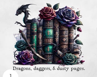 May include: Illustration of a stack of antique books with a black dragon, roses, and a dagger. The books are in shades of green, black, and gold. The text at the bottom reads "Dragons, daggers, & dusty pages."