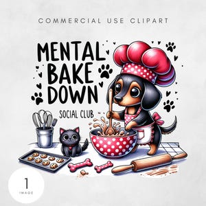 Diseño de sublimación de perro salchicha kawaii de cocina del club social de Bake Down Mental, camiseta de chef bruja de cocina con calavera para hornear Descarga digital