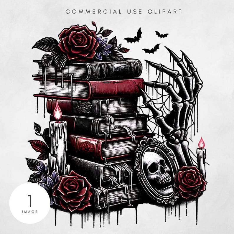 May include: A black and white illustration of a skeletal hand reaching towards a stack of old books. The books are bound in leather and have a worn, antique look. There are roses and candles around the books, and the image has a dark and gothic aesthetic.