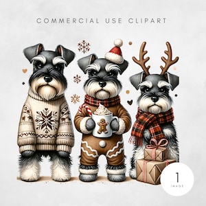 Puede incluir: Tres perros Schnauzer vestidos con atuendos festivos de invierno. Uno lleva un suéter de copo de nieve, otro un disfraz de pan de jengibre con un gorro de Papá Noel, y el tercero tiene cuernos de reno y una bufanda a cuadros. Incluye el texto "COMMERCIAL USE CLIPART".