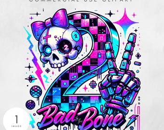 Imagen PNG de la Niña Hueso de Bad Two, Diseño de sublimación para cumpleaños de 2 años, Descarga digital de esqueleto para invitaciones y camisetas de cumpleaños para niños pequeños de 2 años
