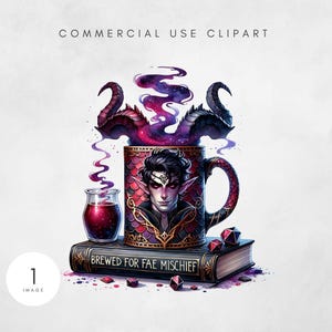 May include: A fantasy-themed illustration featuring a mug with a portrait of a dark elf, a small glass of red liquid, and a book with the text "BREWED FOR FAE MISCHIEF." The mug has a dragon-like handle and is decorated with red and gold patterns.