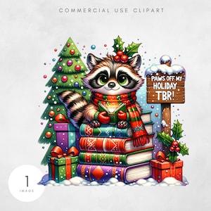 Arquivo de sublimação PNG de guaxinim de Natal TBR, download de PNG de guaxinim de leitura engraçada, amantes de livros, ideal para amantes de livros e projetos de sublimação
