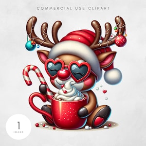 Schrullig Rentier PNG Lustiges Weihnachten Rentier Liebt Kakao PNG Cartoon Style Design Weihnachtslichter Sublimation Rentier Trägt Brille Datei
