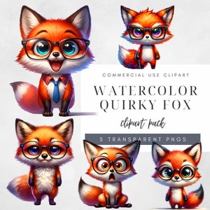 Lindo zorro en gafas PNG animales brillantes y coloridos divertido perro clipart descarga digital gruñón feliz triste zorro diseños archivos de uso comercial