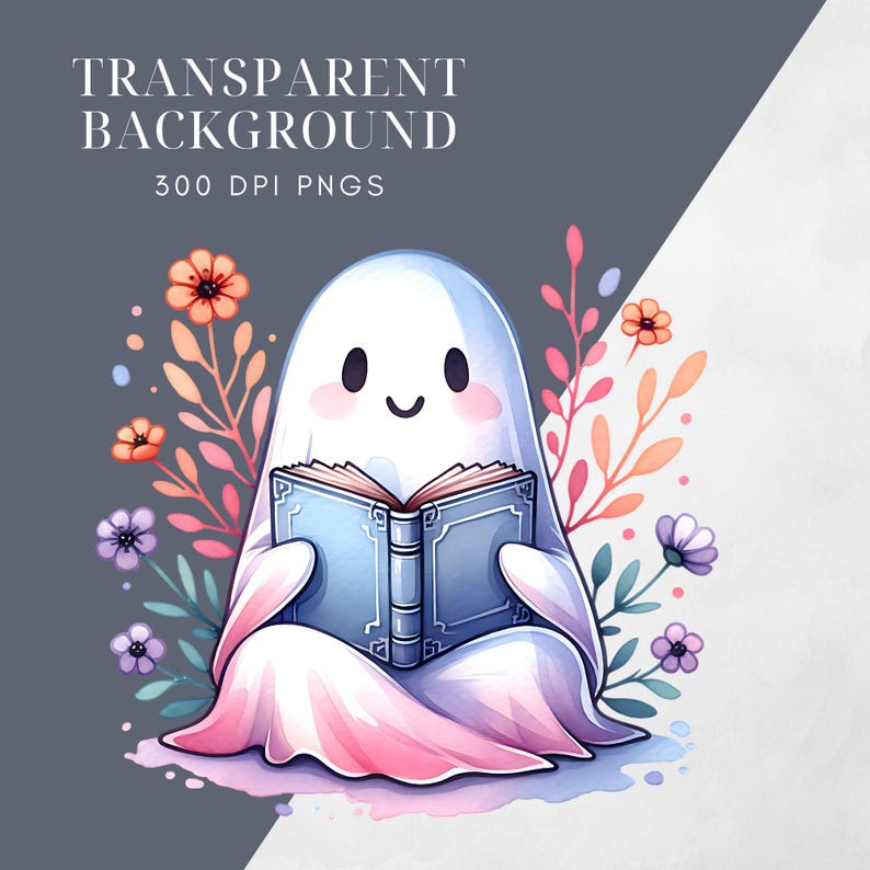 May include: A watercolor illustration of a friendly ghost reading a blue book, surrounded by colorful flowers and foliage. The image has the text "TRANSPARENT BACKGROUND" and "300 DPI PNGS" at the top.