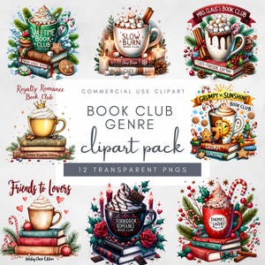 Op de afbeelding: Een set van 12 digitale clipart-afbeeldingen met mokken met warme chocolademelk met verschillende toppings en stapels boeken. Elke mok heeft een boekclubthema met tekst zoals "Yule Time Book Club", "Slow Burn Book Club", "Royalty Romance Book Club", "Forbidden Romance Book Club", "Enemies to Lovers Book Club", "Grumpy vs. Sunshine Book Club" en "Mrs. Claus's Book Club". De afbeeldingen zijn perfect voor het maken van uitnodigingen, kaarten en andere feestelijke ontwerpen.