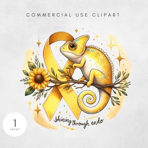 May include: A digital illustration featuring a yellow chameleon perched on a branch, with a yellow ribbon and sunflower. The text "shining through endo" is written in cursive. The words "COMMERCIAL USE CLIPART" are at the top.