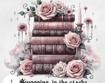 Stack of Pink Books PNG Girly Book Lover Clipart Bookworm PNG Cute Pink Roses Digital Art for Crafts Romance book Librarian Gift Graphic