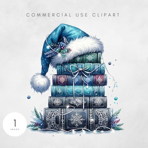 Pode incluir: Ilustração festiva de uma pilha de livros encimada por um gorro de Papai Noel azul. Os livros exibem intrincados desenhos de flocos de neve e flores em tons de azul e verde. O gorro tem uma borda de pele branca e um pompom. O texto "COMMERCIAL USE CLIPART" é visível.