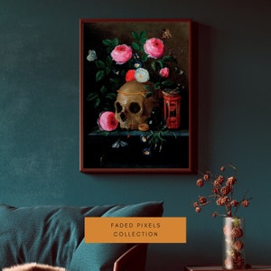 Dark gothic abstract botanical skull vintage digital wall art printable | elegant floral and beautiful skull wall art print design