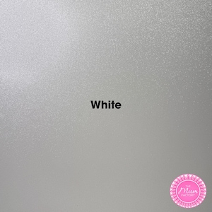 May include: A solid white surface with a fine, shimmering, glitter-like texture. The word "White" is printed in bold black sans-serif font in the center. A circular pink logo with the text "THE MUM FACTORY" is located in the bottom right corner.