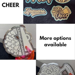 various cheer-related items, including a cheerleader emblem, a cheer sign, and a cheerleader's name. There are also more options available, as indicated by the text.