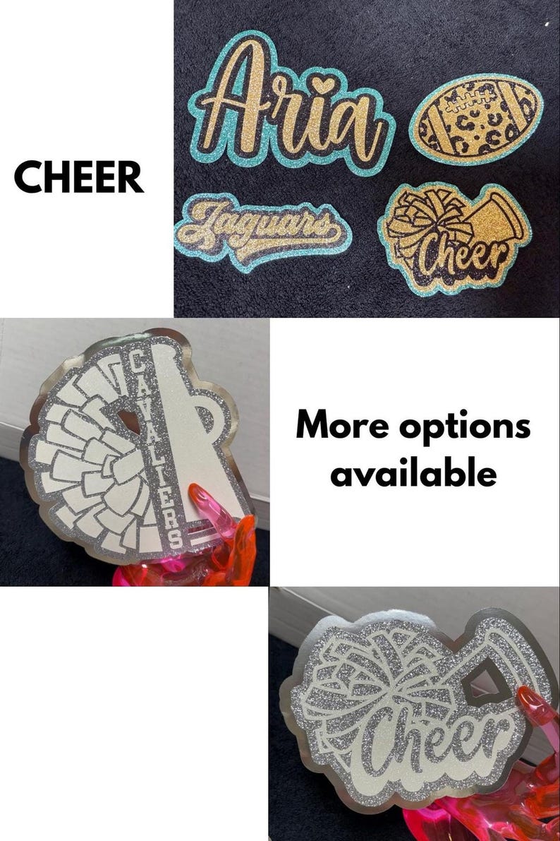 various cheer-related items, including a cheerleader emblem, a cheer sign, and a cheerleader's name. There are also more options available, as indicated by the text.