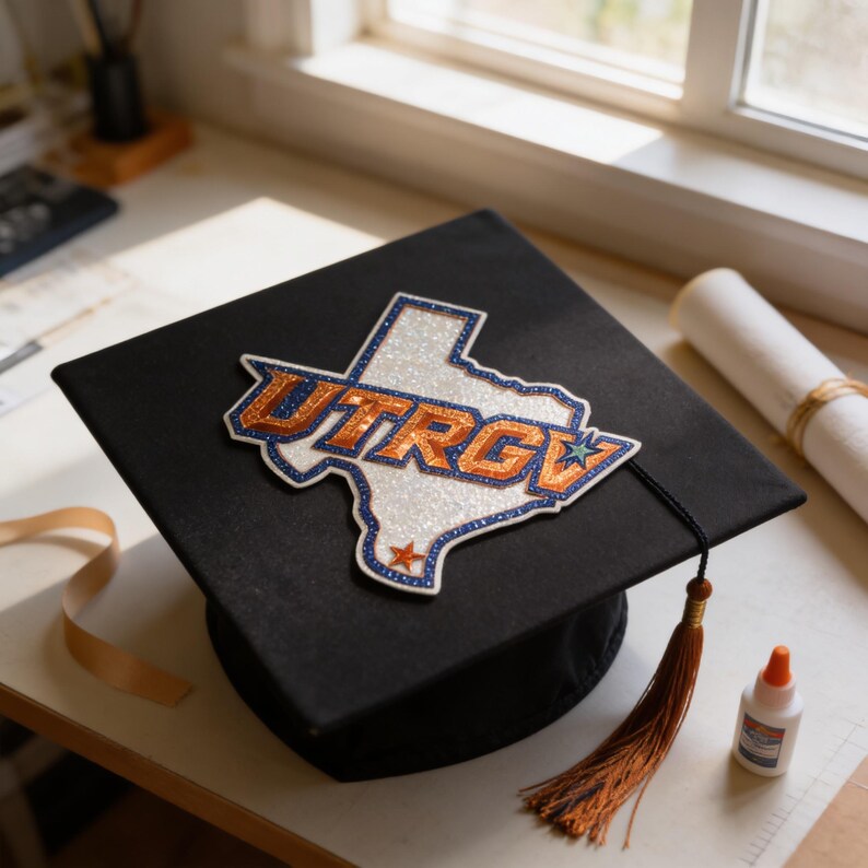 A graduation cap with a tassel and a Texas state map on it, placed on a desk with a bottle of glue and a roll of tape.