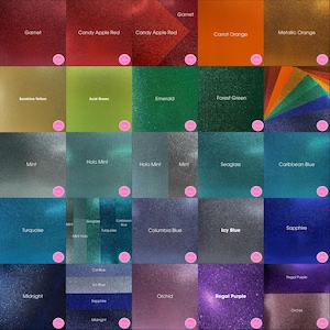 a grid of 24 different metallic glitter colors, each with a unique name and description. The colors include garnet, candy apple red, carrot orange, metallic orange, neon yellow, green, emerald, forest green, mint, halo mint, mint, seaglass, coconut blue, icy blue, sapphire, turquoise, mint, seaglass, columbia blue, cold blue, joy blue, orchid, regal purple, and midnight.