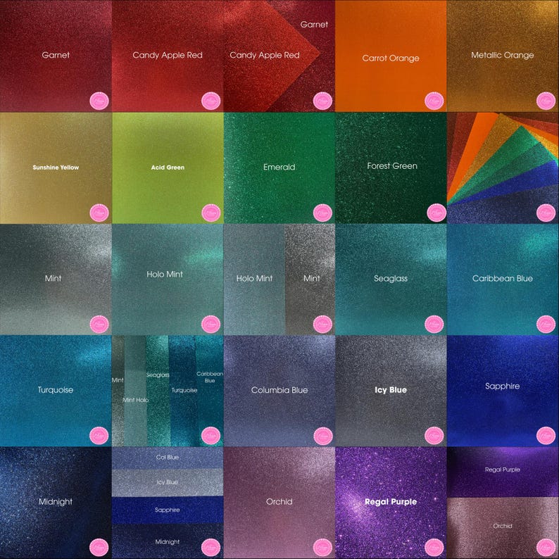 a grid of 24 different metallic glitter colors, each with a unique name and description. The colors include garnet, candy apple red, carrot orange, metallic orange, neon yellow, green, emerald, forest green, mint, halo mint, mint, seaglass, coconut blue, icy blue, sapphire, turquoise, mint, seaglass, columbia blue, cold blue, joy blue, orchid, regal purple, and midnight.