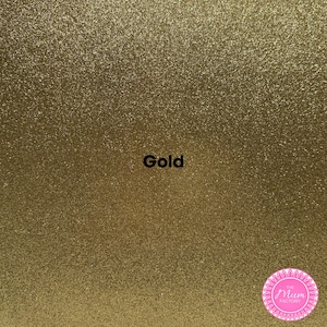 May include: A gold glitter textured surface with the word Gold printed in black in the center. A circular pink logo with a white floral border and the text The Mum Factory is located in the bottom right corner of the image.
