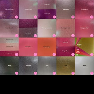 a grid of 16 different color samples, including shades of purple, pink, orange, and white, as well as various shades of black, silver, and gold.