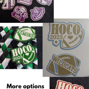 various football-related patches and logos, including a football patch with the text "HOCO" and "2025", a football patch with the text "Panthers", and a football patch with the text "WildCats". There are also several other football-related patches and logos displayed, along with the text "Football" and "More options available".