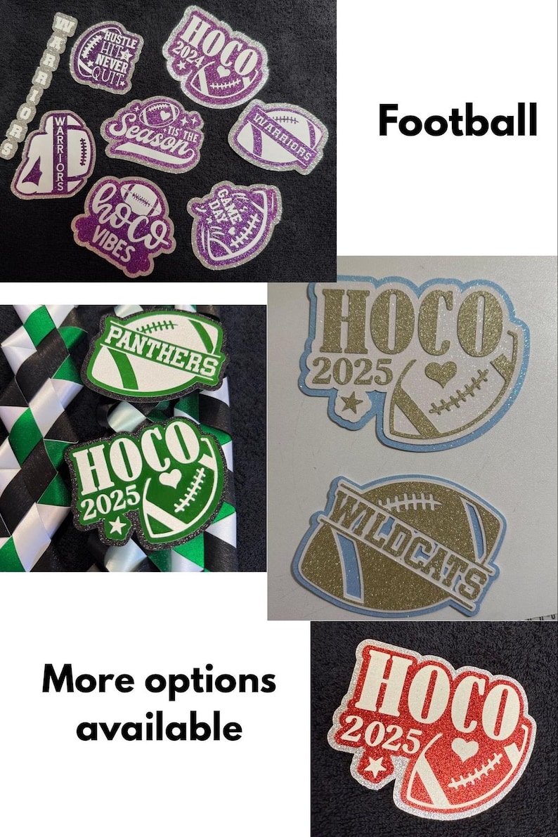 various football-related patches and logos, including a football patch with the text "HOCO" and "2025", a football patch with the text "Panthers", and a football patch with the text "WildCats". There are also several other football-related patches and logos displayed, along with the text "Football" and "More options available".