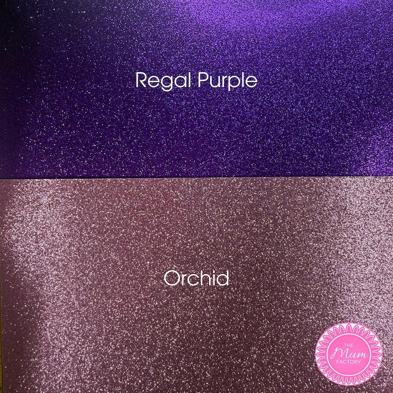 May include: Two rectangular sheets of glitter material. The top sheet is a deep, vibrant purple labeled Regal Purple. The bottom sheet is a lighter, muted mauve-pink labeled Orchid. A circular logo for The Mum Factory is in the bottom right.
