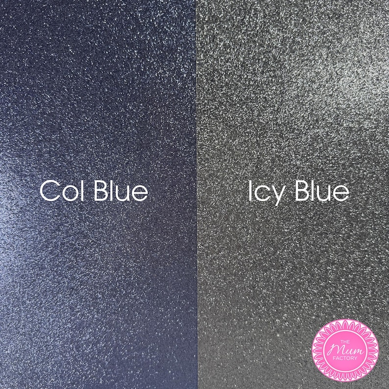 May include: A split-screen display showing two textured glitter surfaces. The left side is a deep navy blue labeled Col Blue, and the right side is a bright, shimmering silver-toned surface labeled Icy Blue. A pink circular logo reads The Mum Factory.