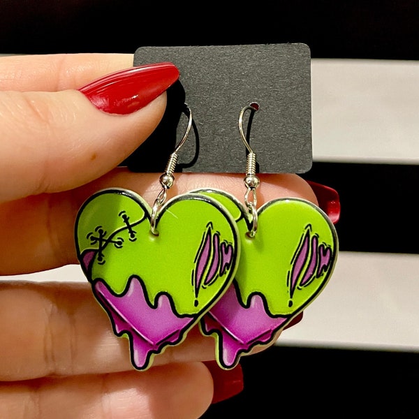 Zombie Heart Earrings  ||  Lightweight Spooky Valentine Dangle earrings zombie or monster theme for Valentine's Day or Halloween