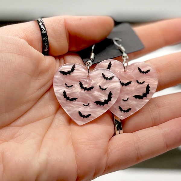 Cute but Spooky Bat Silhouettes on Pearlized Pink Heart Dangle Earrings | Vampire Lovers, Halloween Everyday, & Goth Jewelry | Black Bats