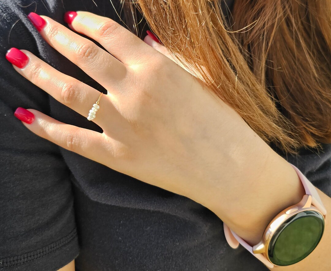 Pearl Beaded Band Ring, Dainty Minimalist Stacking Ring for Women, Gold