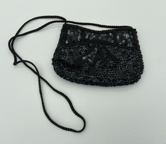 Vintage Small Black Beaded Evening Purse, 1980s Wrist Bag La